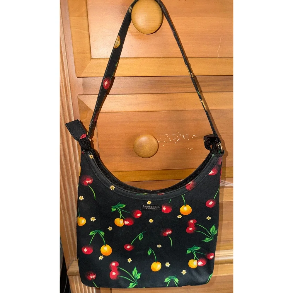 Kate Spade Shoulder Bag Womens Small Black Cherry Print Excellent Y2K Retro